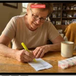 A senior woman at her kitchen table highlighting a list of medications, creating a sense of organized healthcare planning.