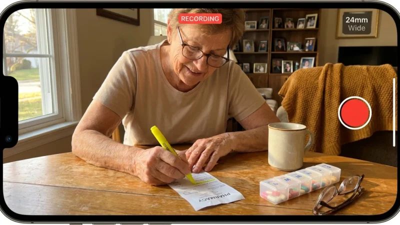 A senior woman at her kitchen table highlighting a list of medications, creating a sense of organized healthcare planning.