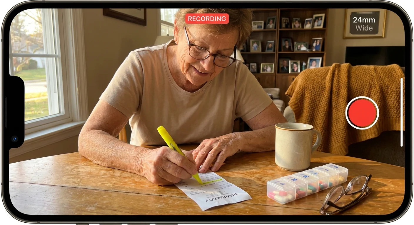 A senior woman at her kitchen table highlighting a list of medications, creating a sense of organized healthcare planning.