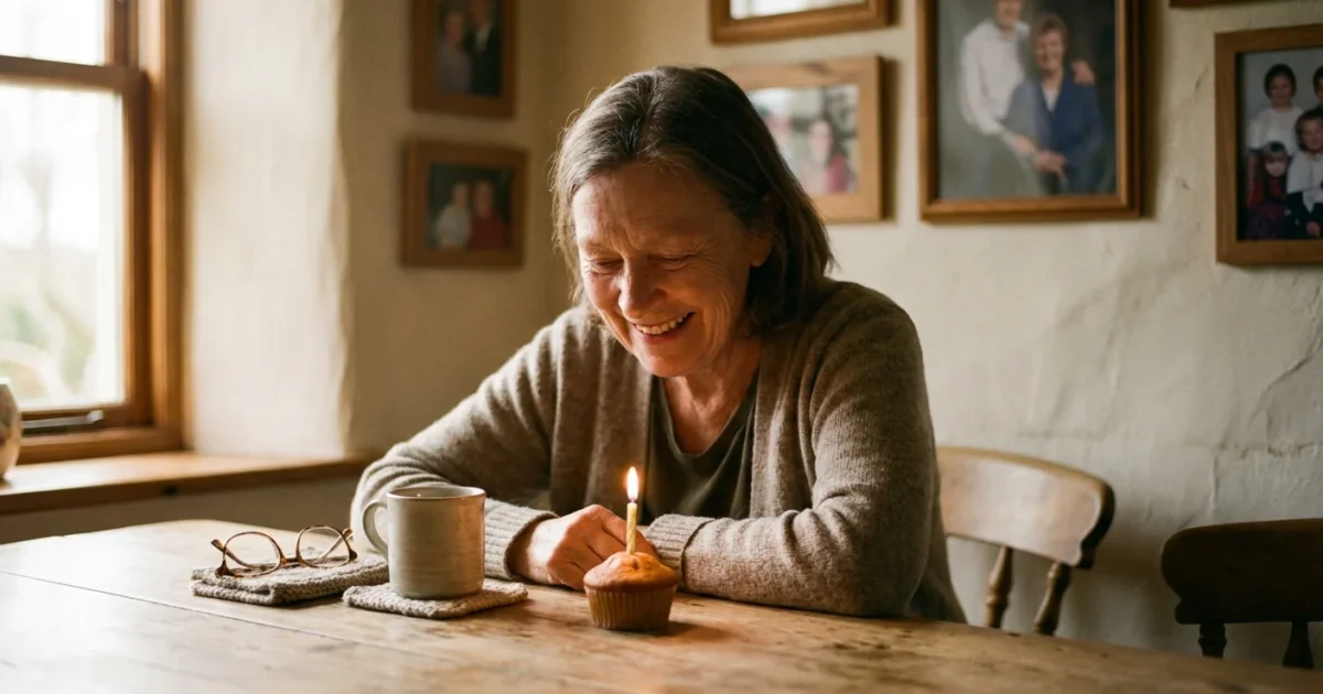 A senior woman laughing gently at a small birthday cupcake with a single candle in a sunlit home.