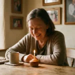 A senior woman laughing gently at a small birthday cupcake with a single candle in a sunlit home.