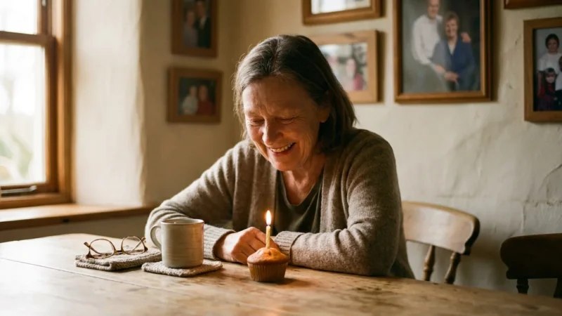 A senior woman laughing gently at a small birthday cupcake with a single candle in a sunlit home.