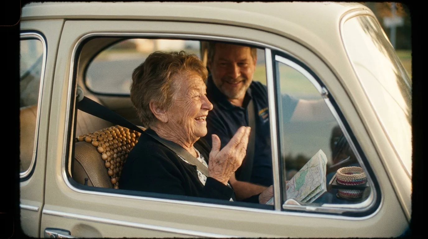 A senior woman laughs while riding in a car with a volunteer driver, highlighting the social aspect of ITNAmerica programs.