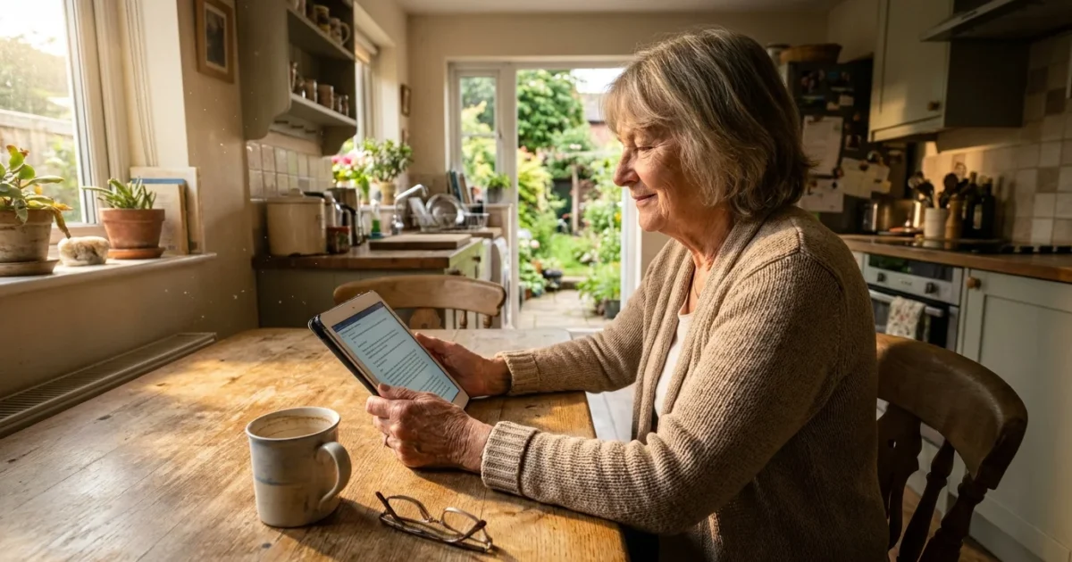 A senior woman sits at her kitchen table looking at a tablet with a relieved expression in a sunlit, authentic home setting.