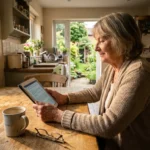 A senior woman sits at her kitchen table looking at a tablet with a relieved expression in a sunlit, authentic home setting.