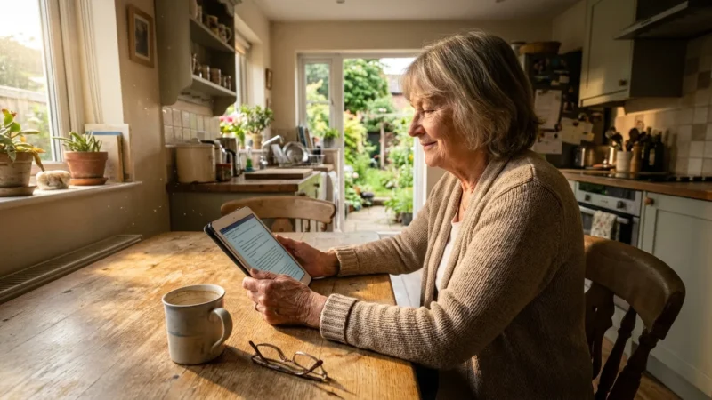 A senior woman sits at her kitchen table looking at a tablet with a relieved expression in a sunlit, authentic home setting.