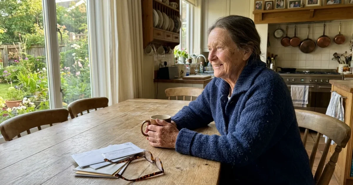 A senior woman sits peacefully at her kitchen table looking out at her garden, symbolizing the security of staying in one's home.