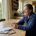 A senior woman sits peacefully at her kitchen table looking out at her garden, symbolizing the security of staying in one's home.