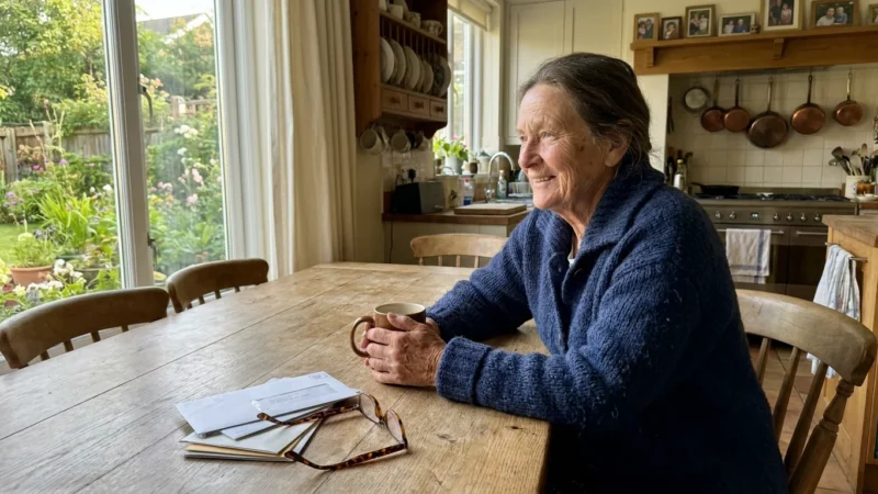 A senior woman sits peacefully at her kitchen table looking out at her garden, symbolizing the security of staying in one's home.