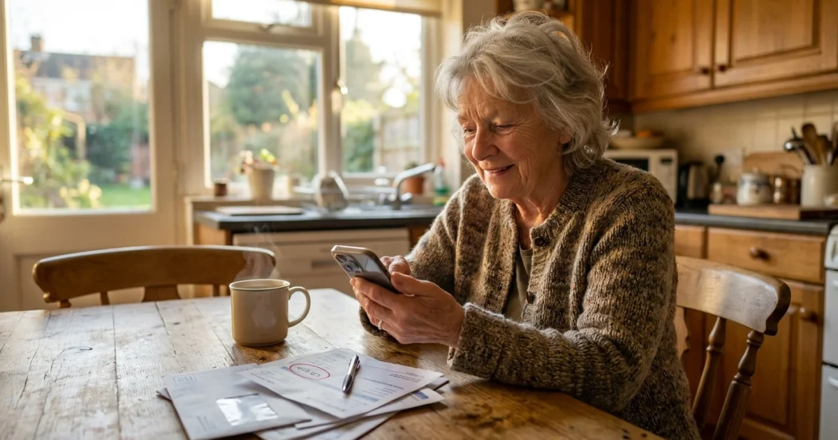 A senior woman sitting at her kitchen table looking at her smartphone next to a stack of bills.