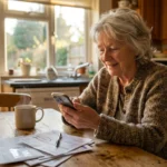 A senior woman sitting at her kitchen table looking at her smartphone next to a stack of bills.