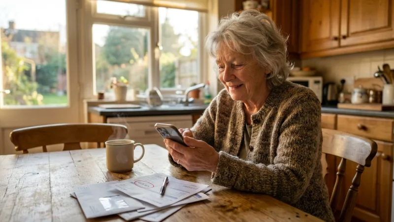 A senior woman sitting at her kitchen table looking at her smartphone next to a stack of bills.