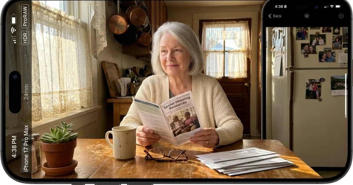 A senior woman sitting at her sunlit kitchen table looking at a housing resource brochure with a hopeful expression.