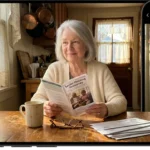 A senior woman sitting at her sunlit kitchen table looking at a housing resource brochure with a hopeful expression.