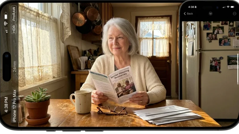 A senior woman sitting at her sunlit kitchen table looking at a housing resource brochure with a hopeful expression.