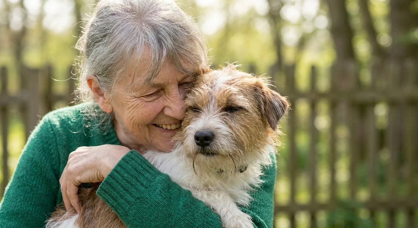 A senior woman smiling and hugging a rescue dog at an animal shelter, highlighting the emotional rewards of animal volunteering.