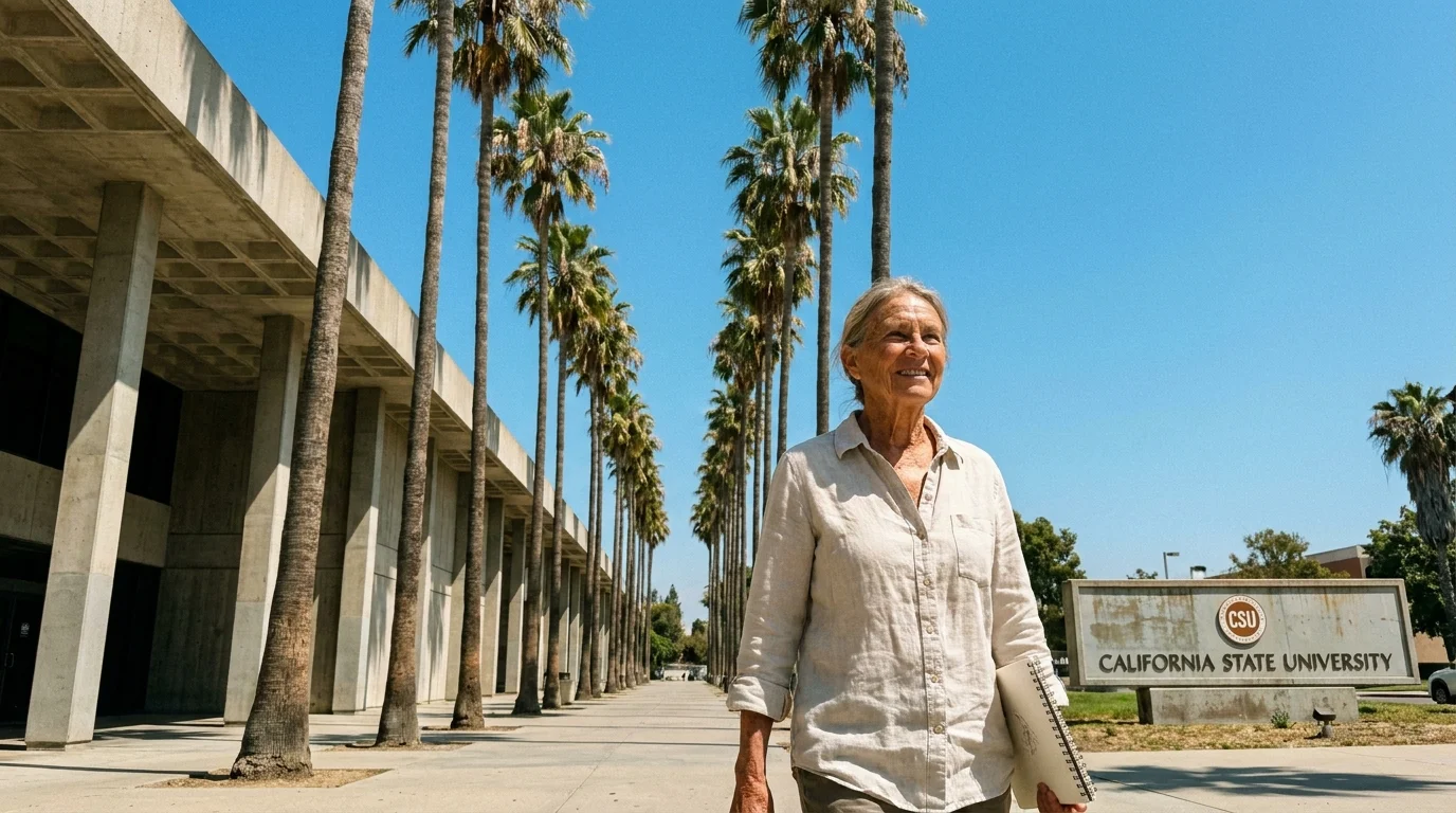 A senior woman walking through a palm-lined CSU campus corridor on a bright sunny day.