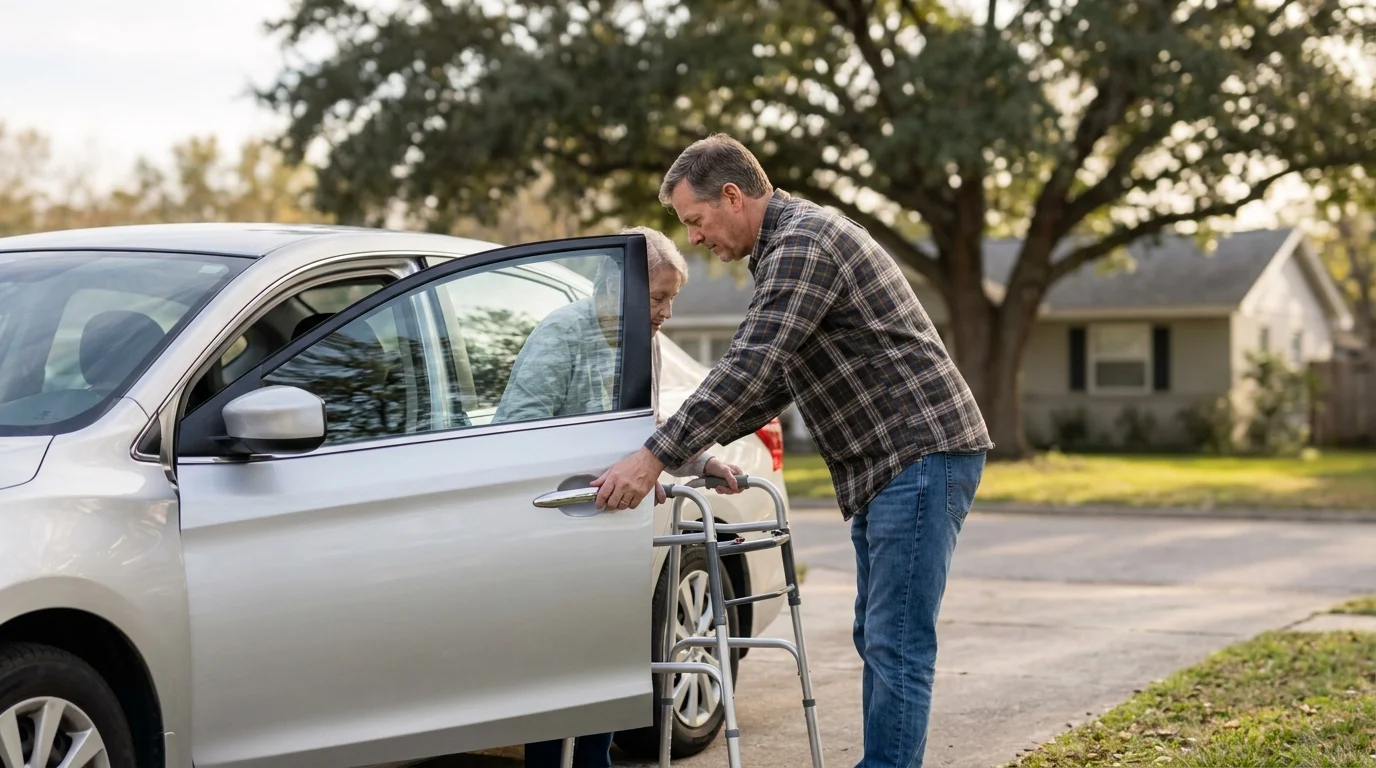 A senior woman with a walker is helped into a silver car by a volunteer in a suburban driveway.