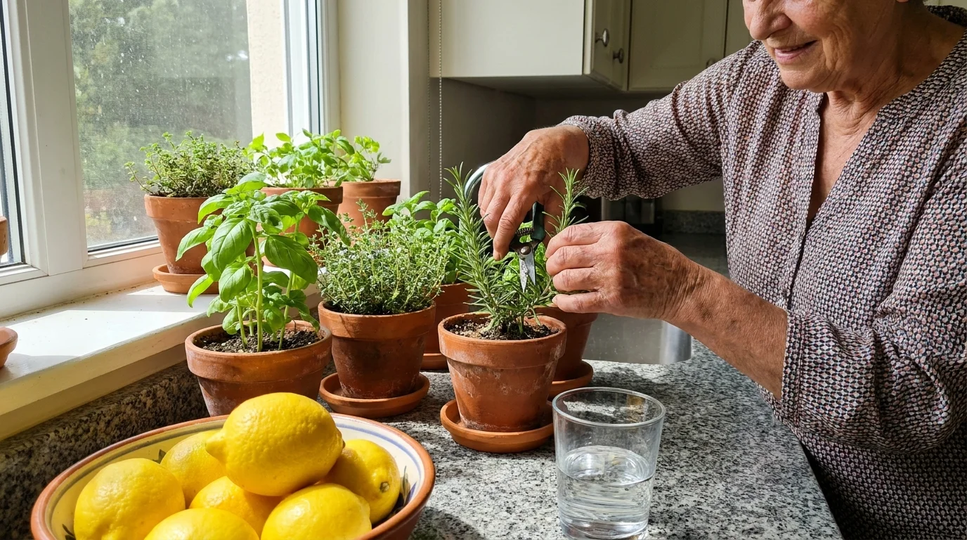 A senior woman's hands tending to small indoor plants, symbolizing the daily activities that support programs help preserve.