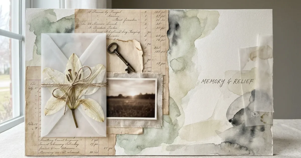 A serene mixed-media collage featuring a pressed lily, vintage paper, and soft watercolor textures in sage and cream tones.