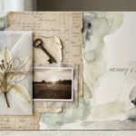A serene mixed-media collage featuring a pressed lily, vintage paper, and soft watercolor textures in sage and cream tones.