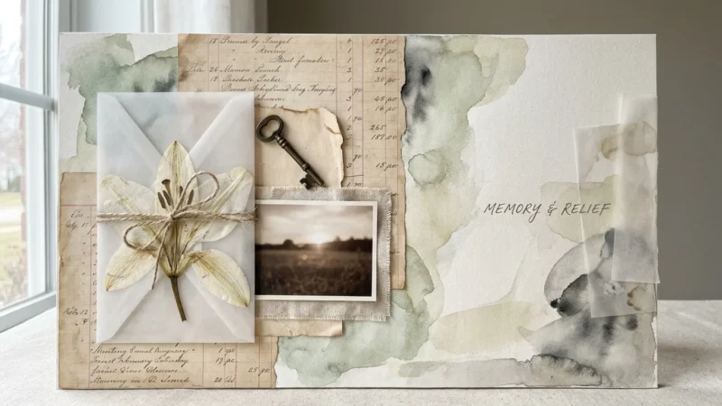 A serene mixed-media collage featuring a pressed lily, vintage paper, and soft watercolor textures in sage and cream tones.