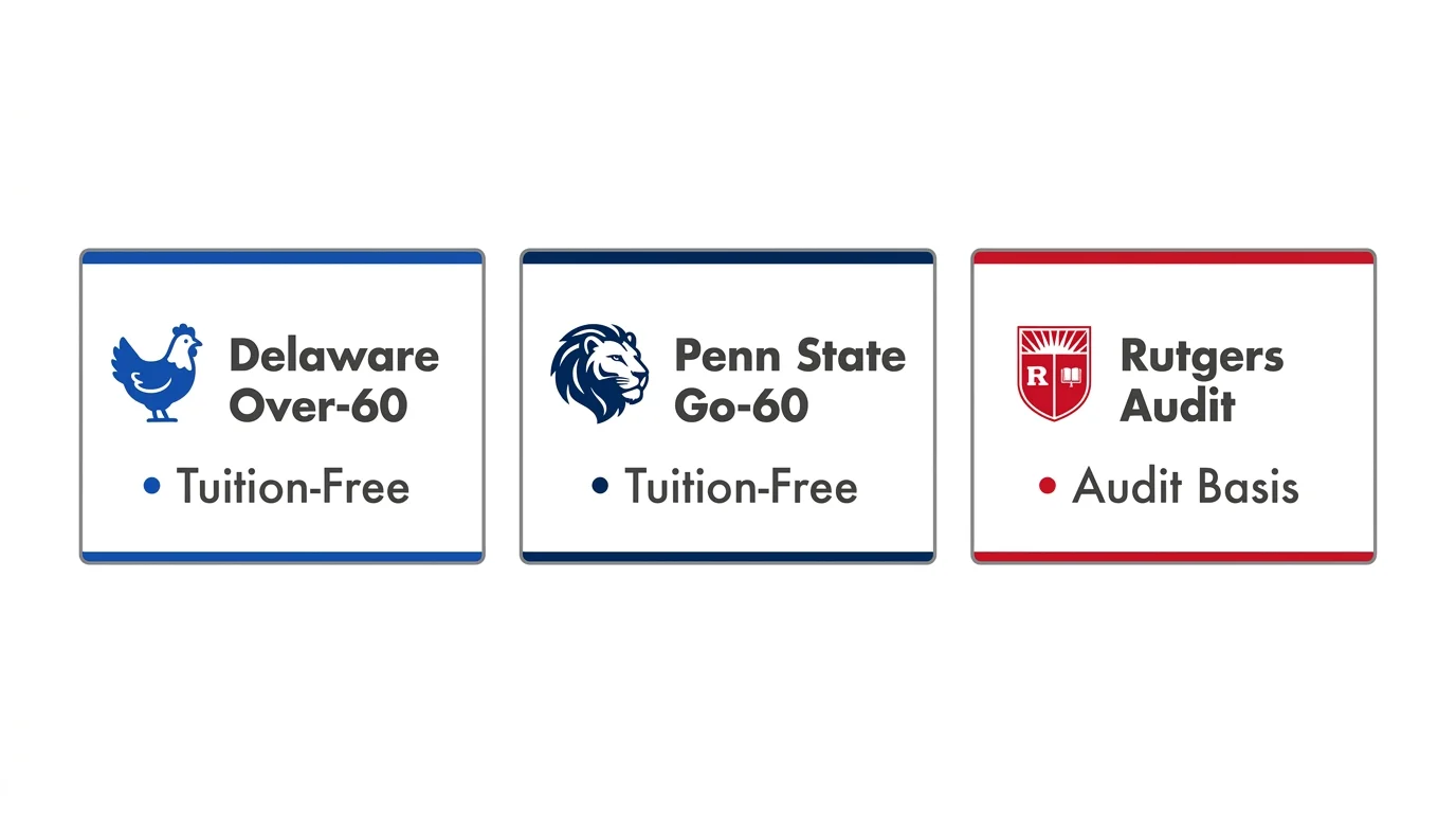 A side-by-side infographic comparing senior education programs at Delaware, Penn State, and Rutgers.