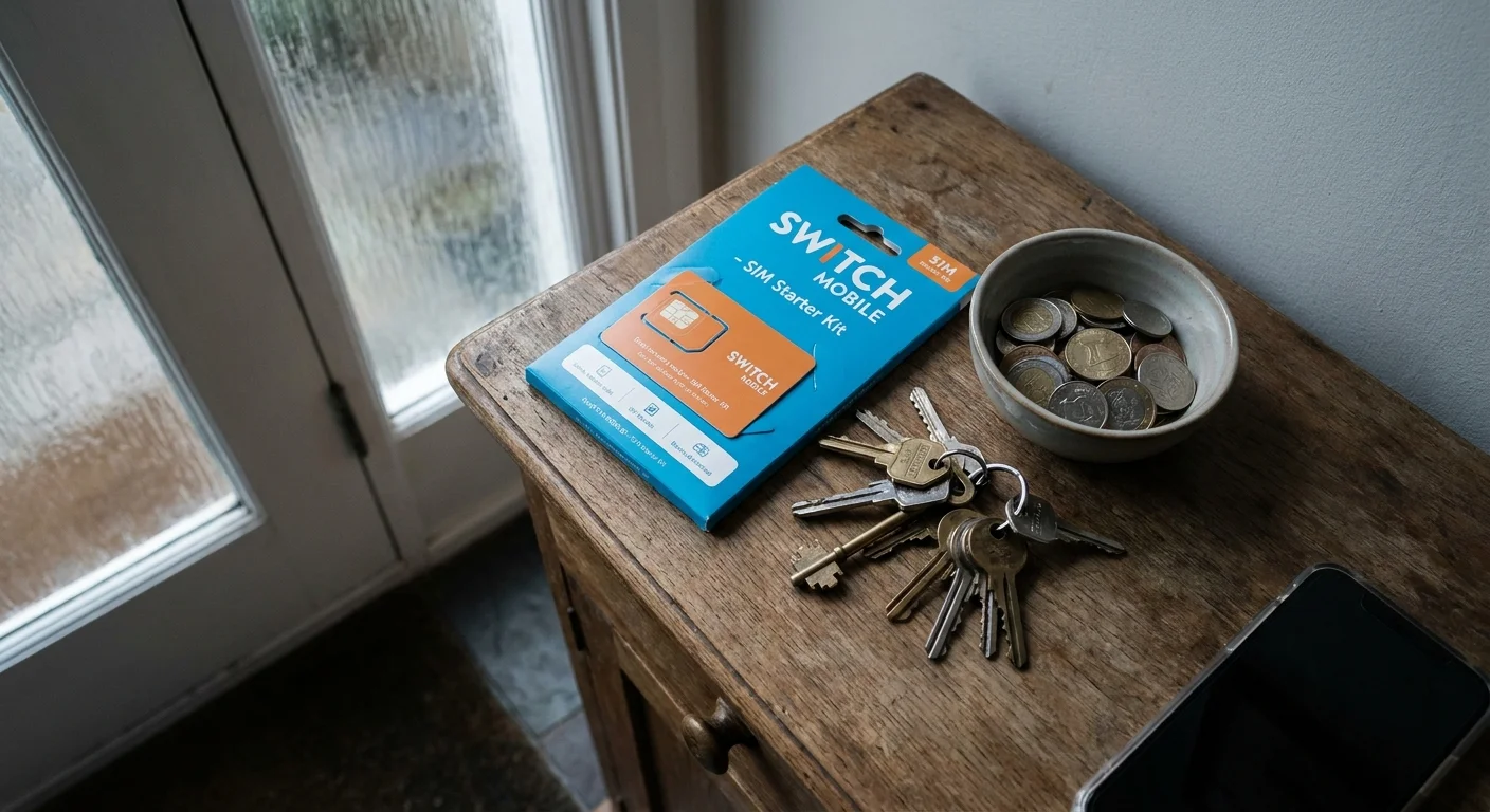 A SIM card starter kit and keys on a wooden table, shot from a top-down perspective.