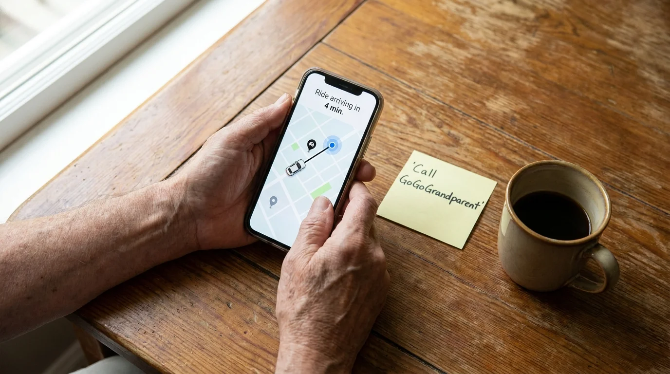A smartphone on a kitchen table shows a ride-tracking app next to a reminder note for GoGoGrandparent.