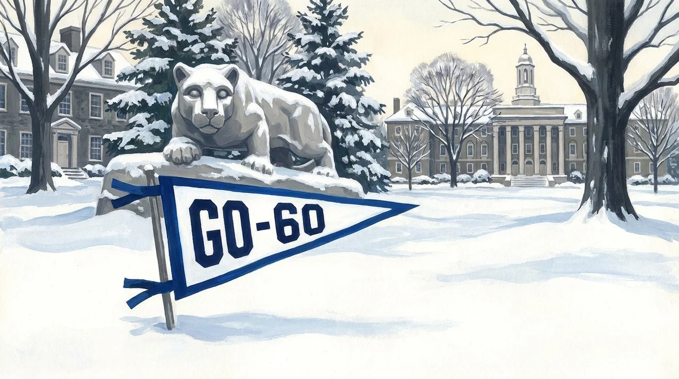 A snowy Penn State scene featuring the Nittany Lion and a flag that says Go-60.