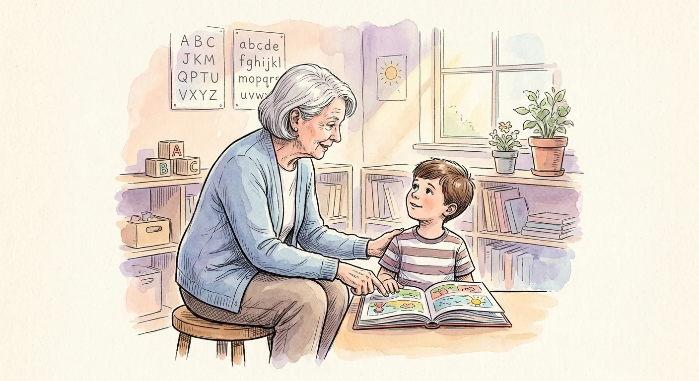 A soft watercolor illustration of a senior woman patiently helping a young child read a book in a sunlit classroom.