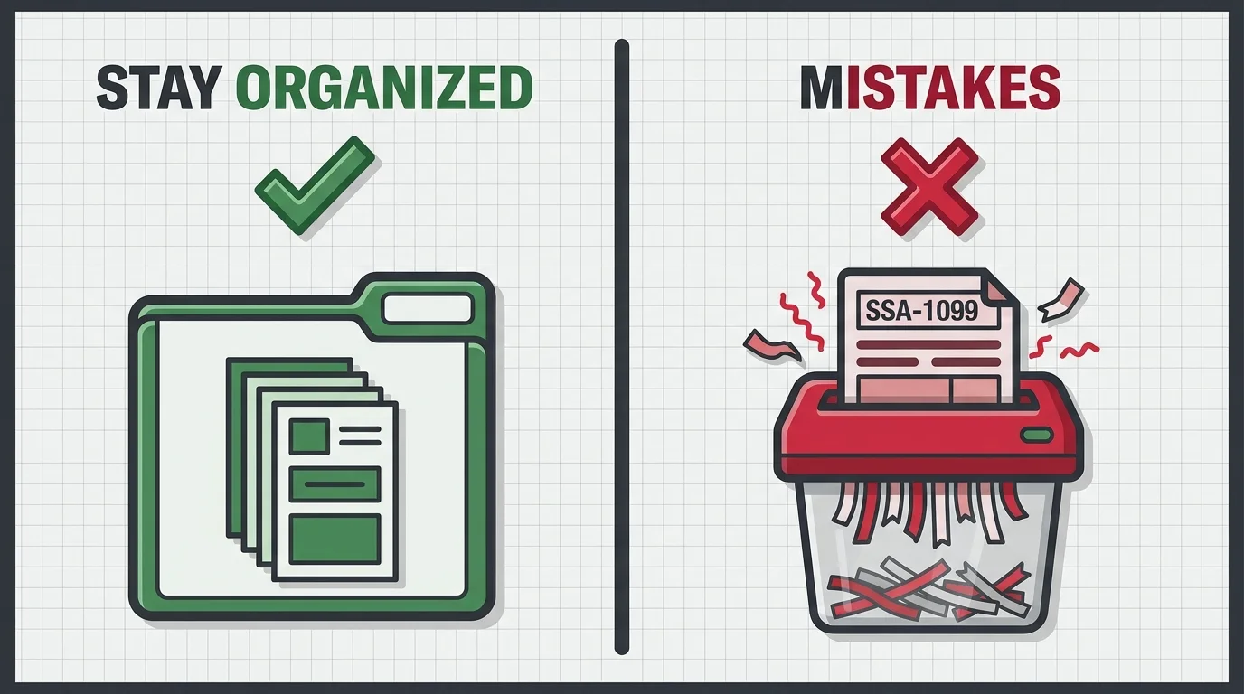 A split-screen infographic showing a organized folder versus a document mistakenly going into a paper shredder.