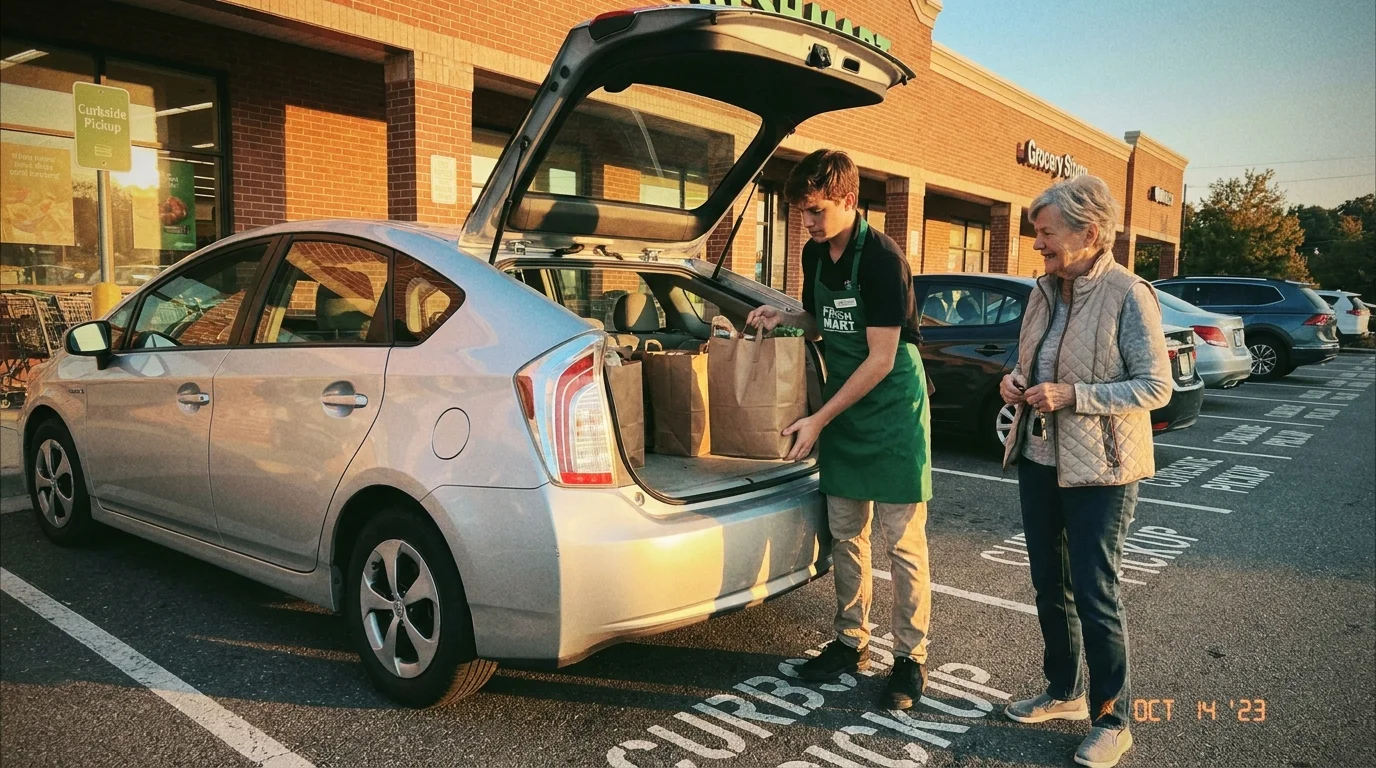 A store employee loading groceries into an older woman's car trunk at a curbside pickup station.