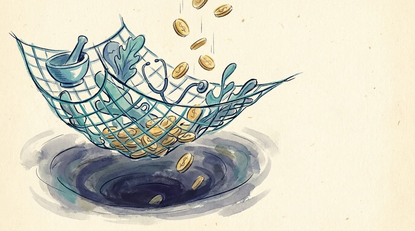 A stylized gouache illustration of a blue safety net catching falling gold coins, symbolizing healthcare savings.