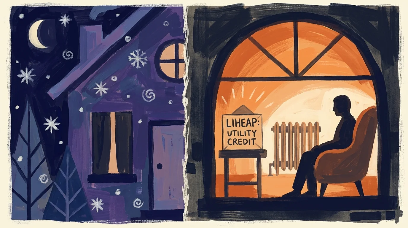 A stylized painting showing a warm, orange-lit home interior contrasting with a cold, blue snowy exterior, featuring a LIHEAP envelope.