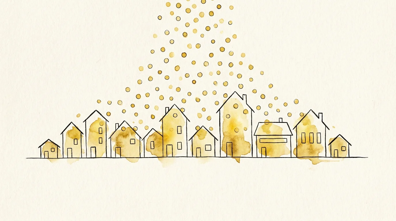 A symbolic illustration of golden light falling into various houses, representing community charity funds.