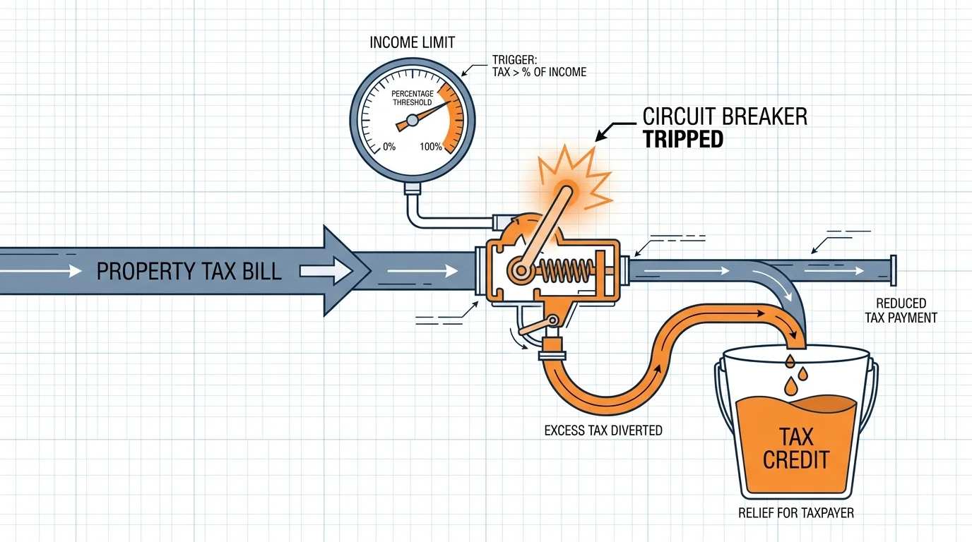A technical diagram showing how a circuit breaker program diverts excess tax when it exceeds a homeowner's income threshold.
