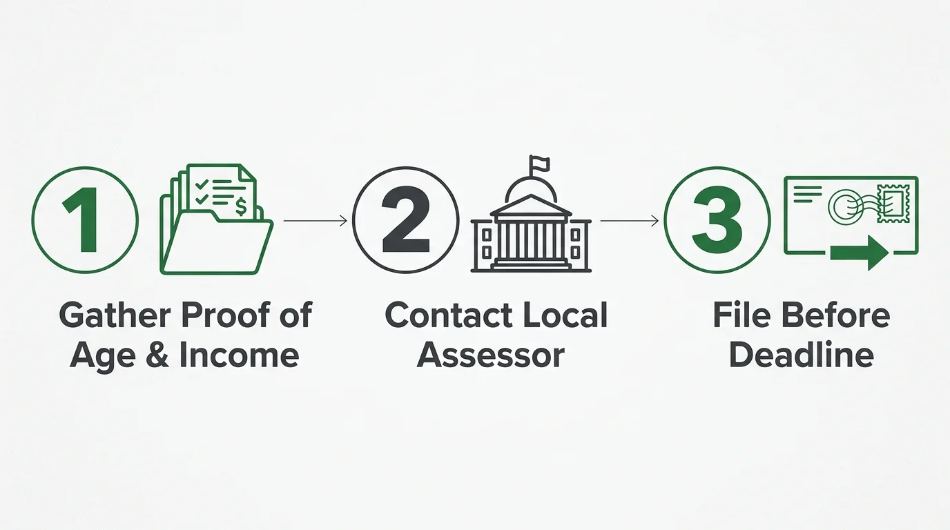 A three-step infographic showing the process: gather documents, contact the assessor, and file the claim.