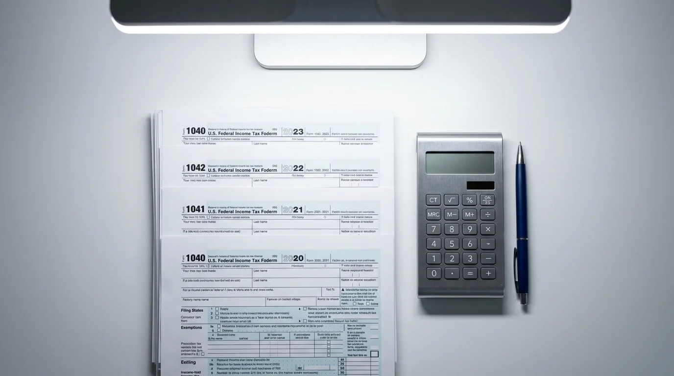 A top-down photograph of neatly stacked Form 1040 tax returns and a calculator on a white desk.