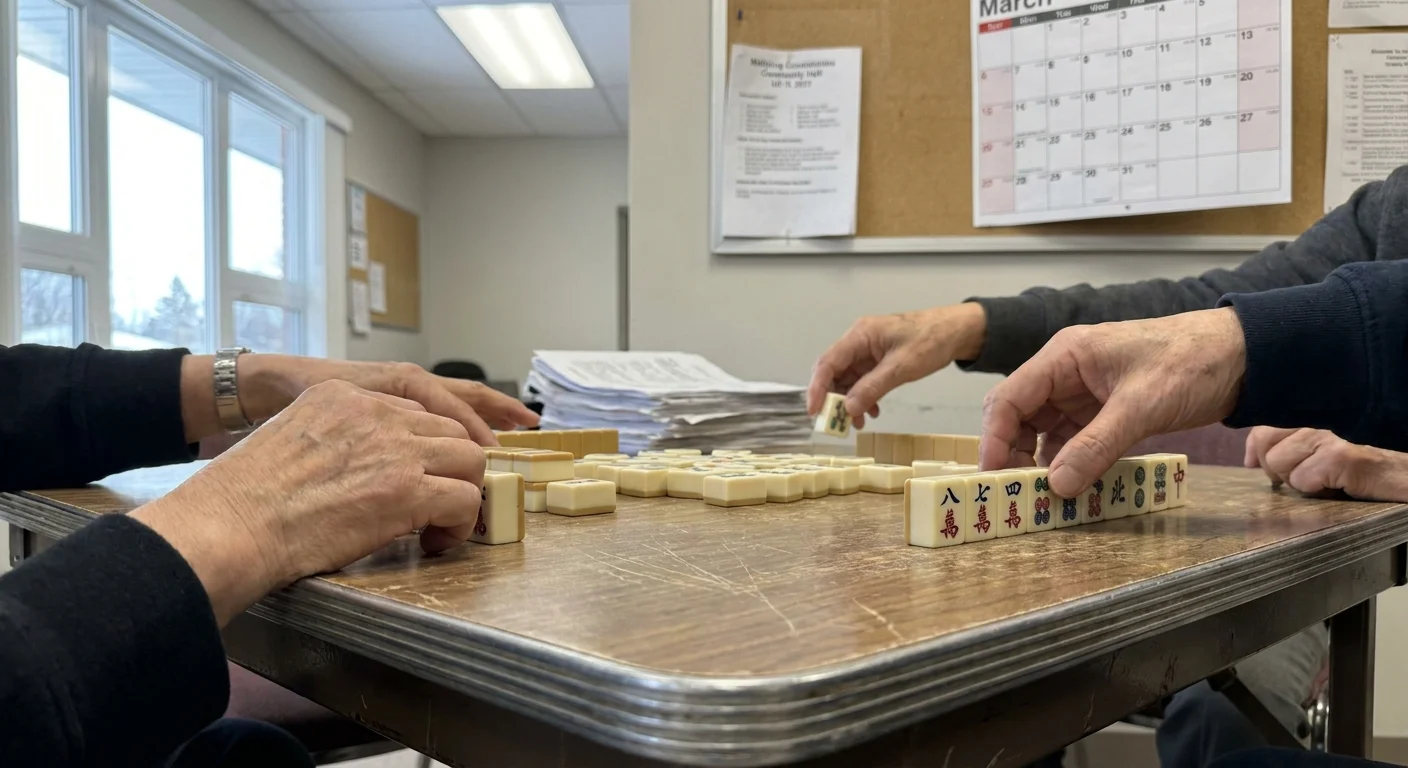 A top-down view of seniors' hands playing Mahjong on a table at a local community center.