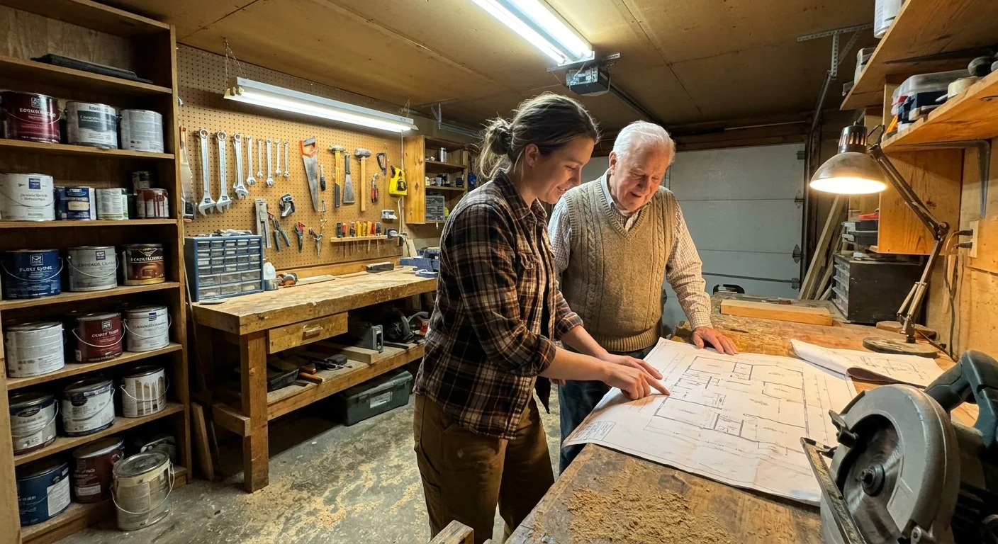 A volunteer and a senior man reviewing home repair plans together in a workshop.