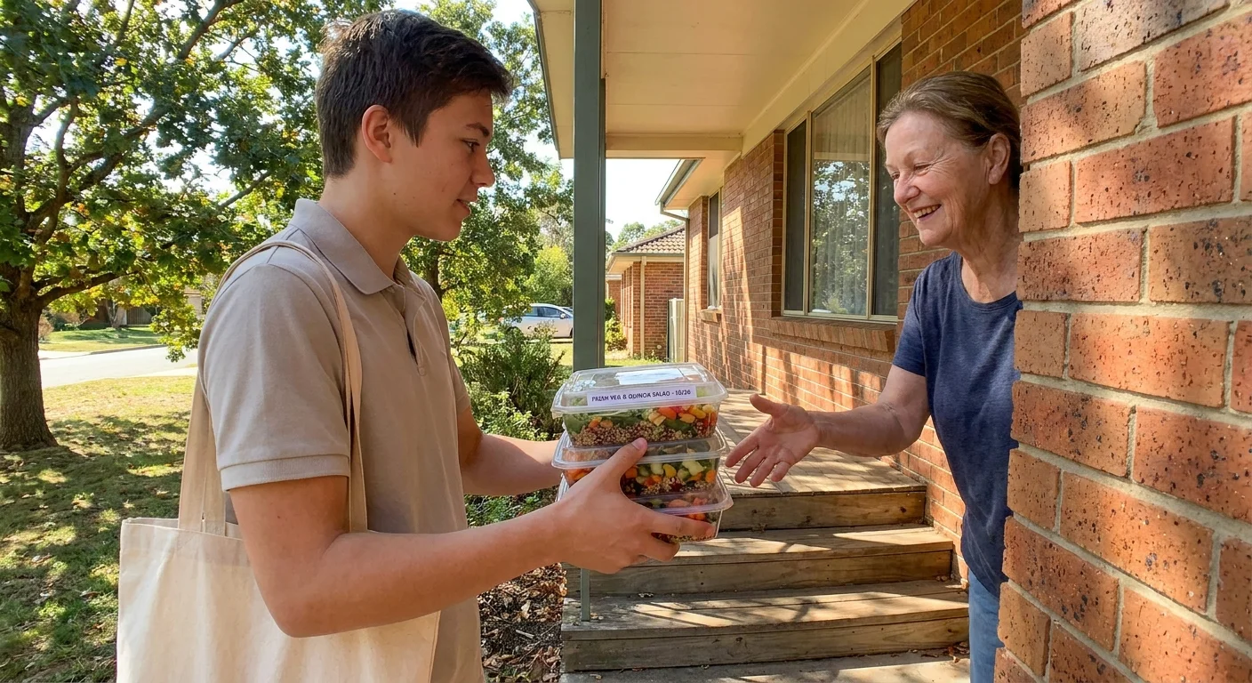 A volunteer delivers fresh, healthy meals to a senior woman at her front door.