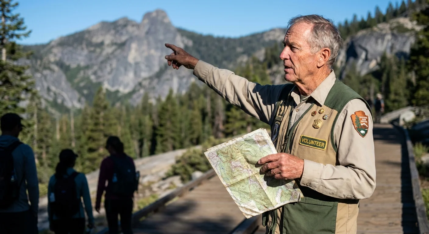 A volunteer in a park ranger vest showing a map to visitors on a scenic trail in a National Park.