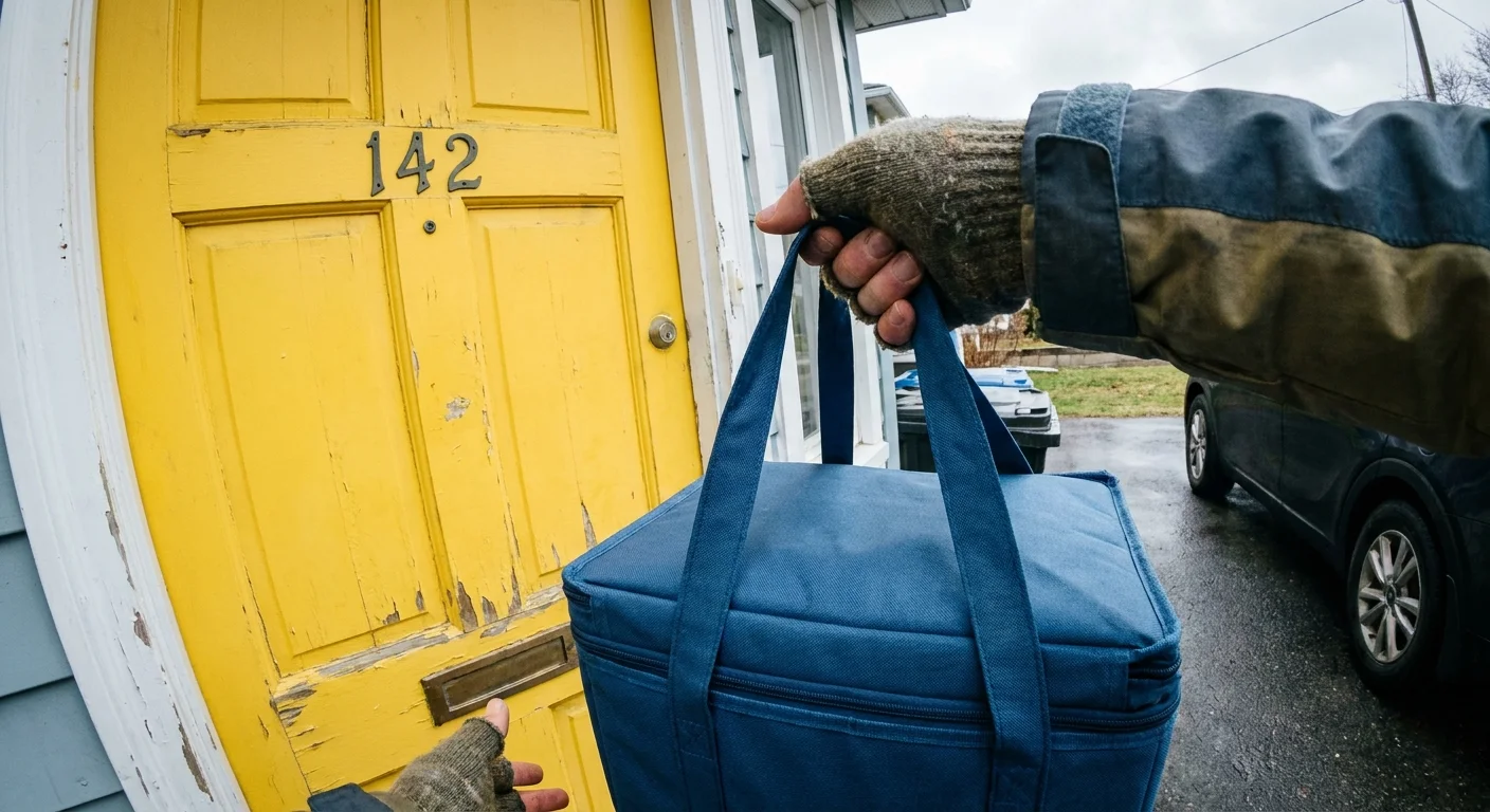 A volunteer's hands holding an insulated food delivery bag at the front door of a suburban home.