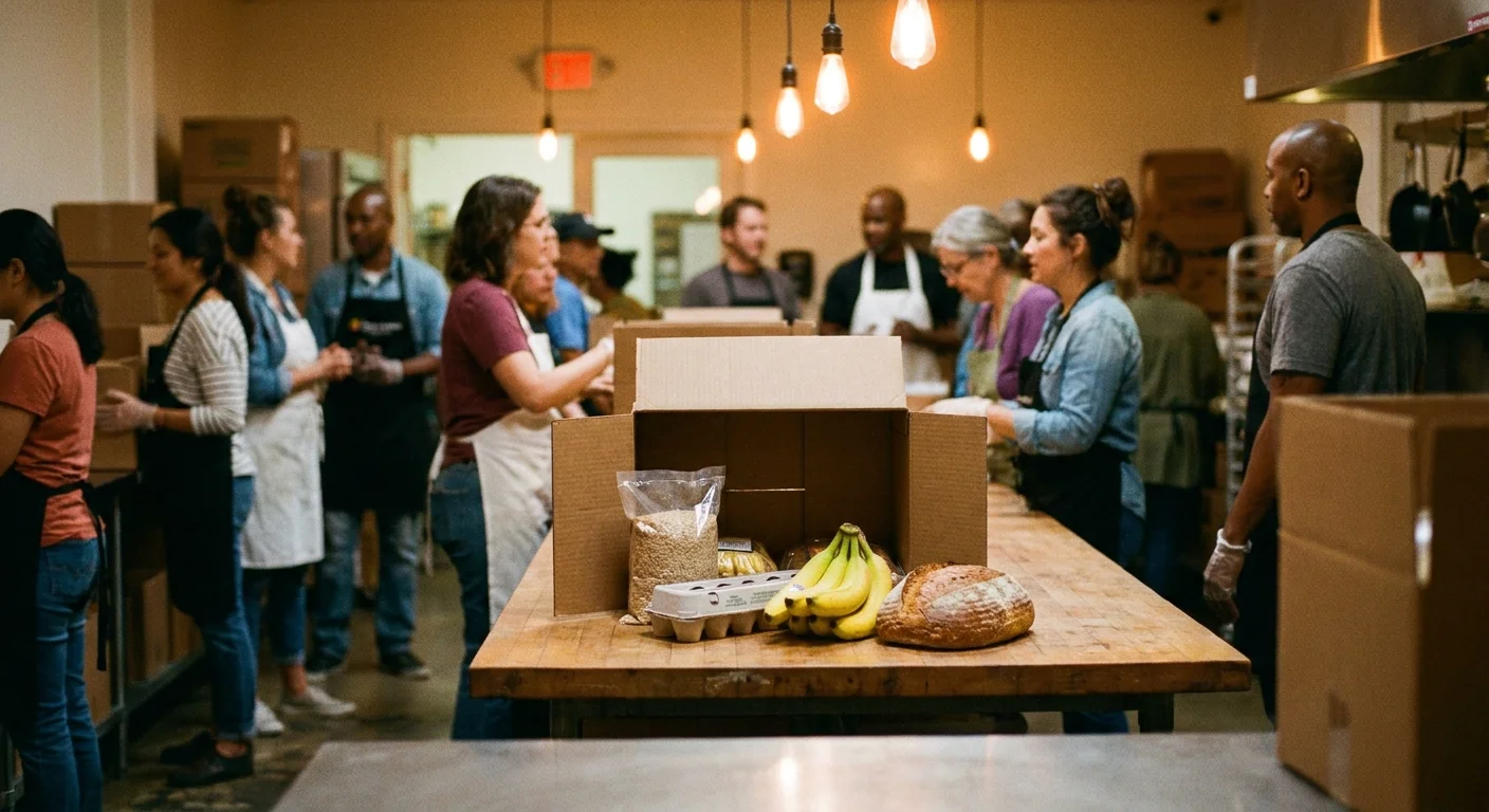 A warm, film-style photograph of volunteers in a community center kitchen packing boxes of fresh groceries for local seniors.