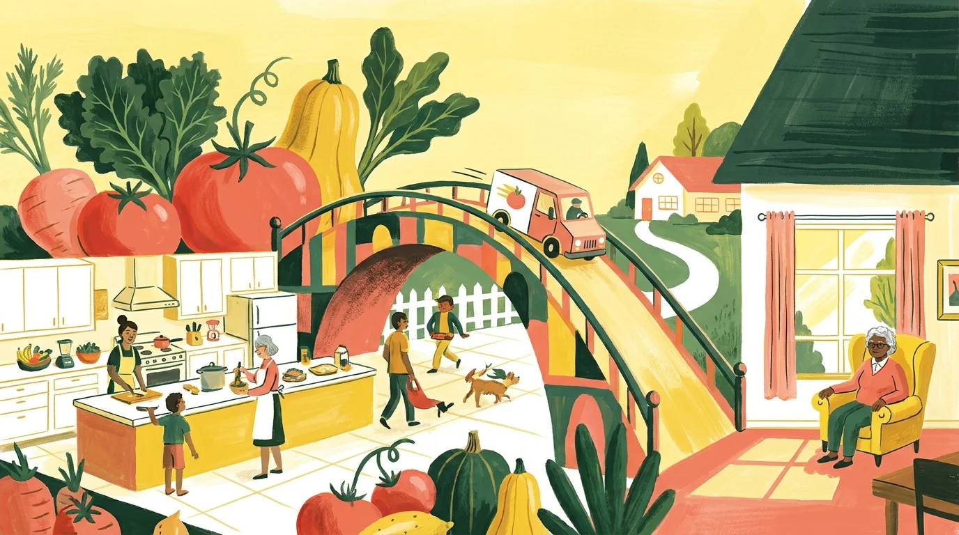 A warm gouache illustration showing a bridge made of fresh vegetables connecting a community kitchen to a senior's home.