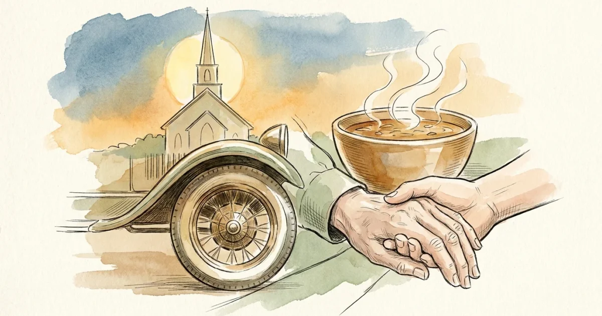 A warm watercolor illustration of a church steeple, a car wheel, a bowl of soup, and hands shaking, symbolizing community help.