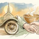 A warm watercolor illustration of a church steeple, a car wheel, a bowl of soup, and hands shaking, symbolizing community help.