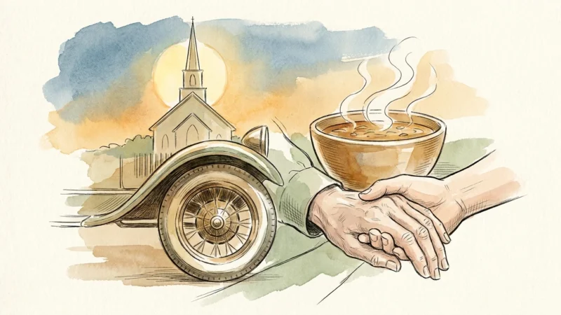 A warm watercolor illustration of a church steeple, a car wheel, a bowl of soup, and hands shaking, symbolizing community help.