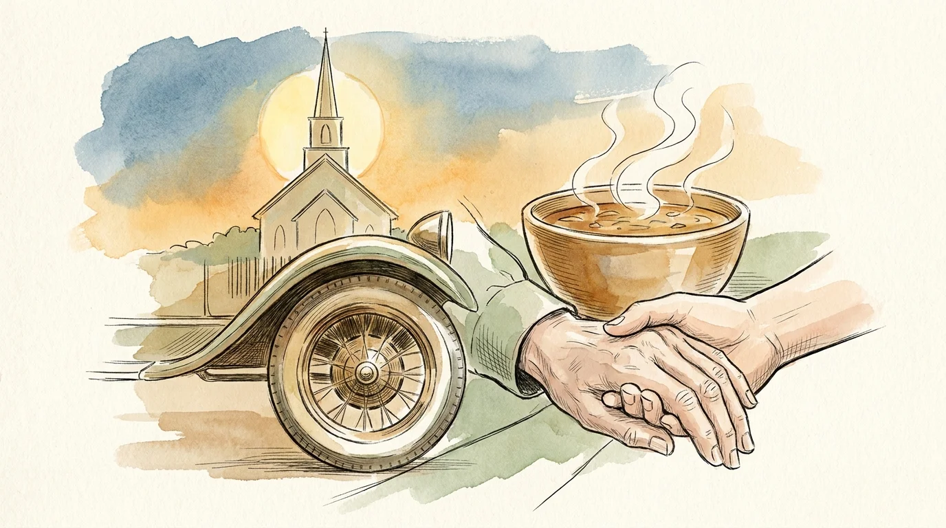 A warm watercolor illustration of a church steeple, a car wheel, a bowl of soup, and hands shaking, symbolizing community help.